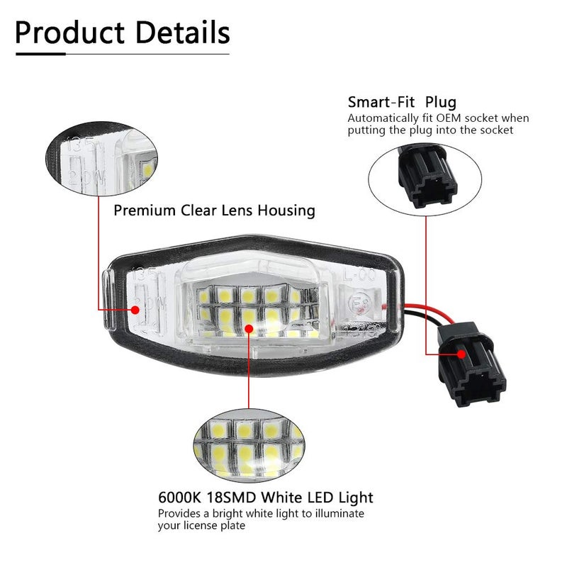 Gempro 2Pcs LED License Plate Light Lamp Assembly For Honda Civic Accord Sedan Odyssey Pilot, Acura TSX MDX TL RDX RL ILX Rear Tag Lights - Image 5